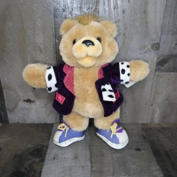 1990 with Tags Teddy Grahams Standing Plush Stuffed Bear Purple Jacket RockNRoll - Picture 1 of 9